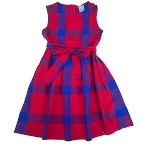 Crewcuts Red Blue Plaid Gingham Dress Girls Size 6 Sleeveless Bow Belted Cotton